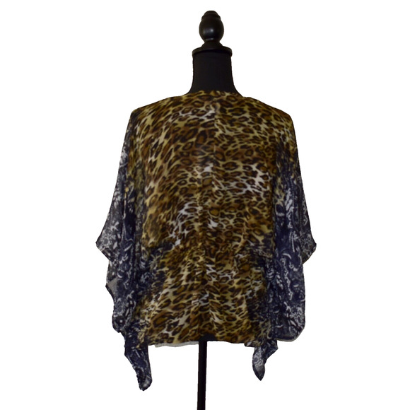 A8 NWT ALBERTO MAKALI Leopard Print Chiffon Sheer V-Neck Tunic Blouse Top Size M - Picture 3 of 4